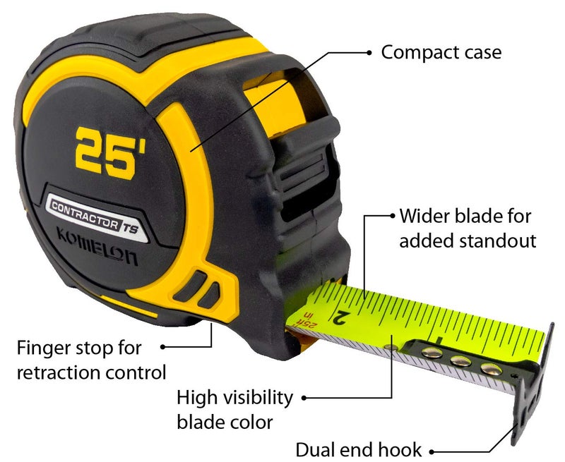 Komelon 25-Ft Contractor TS Wide blade Tape Measure with Backside Printing, Manual Lock, Long Standout (93425) - Image 2